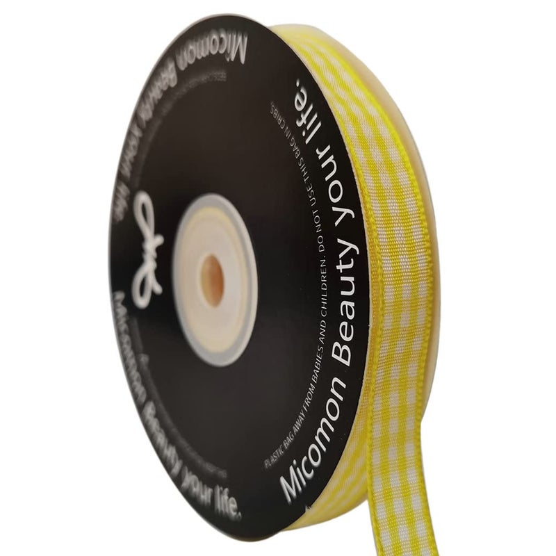 Micomon Yellow and White Gingham Plaid Checked Ribbon 25 Yards Per Roll Checkerd Craft 100% Polyester (3/8"", Yellow) - Image 1
